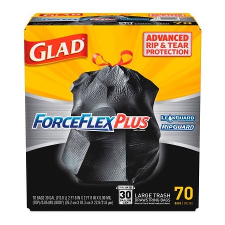 Clorox Glad  ForceFlex Plus Outdoor Drawstring Trash Bags - Black, 30 Gal, 1.05 Mil, 70/Box - 70358